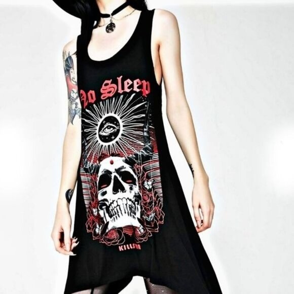 KILLSTAR Sharkbite Hem Dress – “No Sleep” Skull Graphic, Lace-Up Back Gothic - Picture 6 of 7